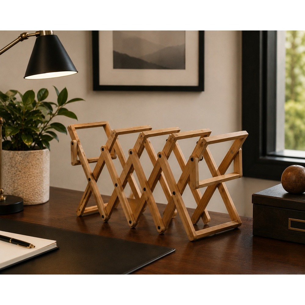 Kikkerland Bamboo Expandable Magazine Rack Collapsible Accordion Wooden Display
